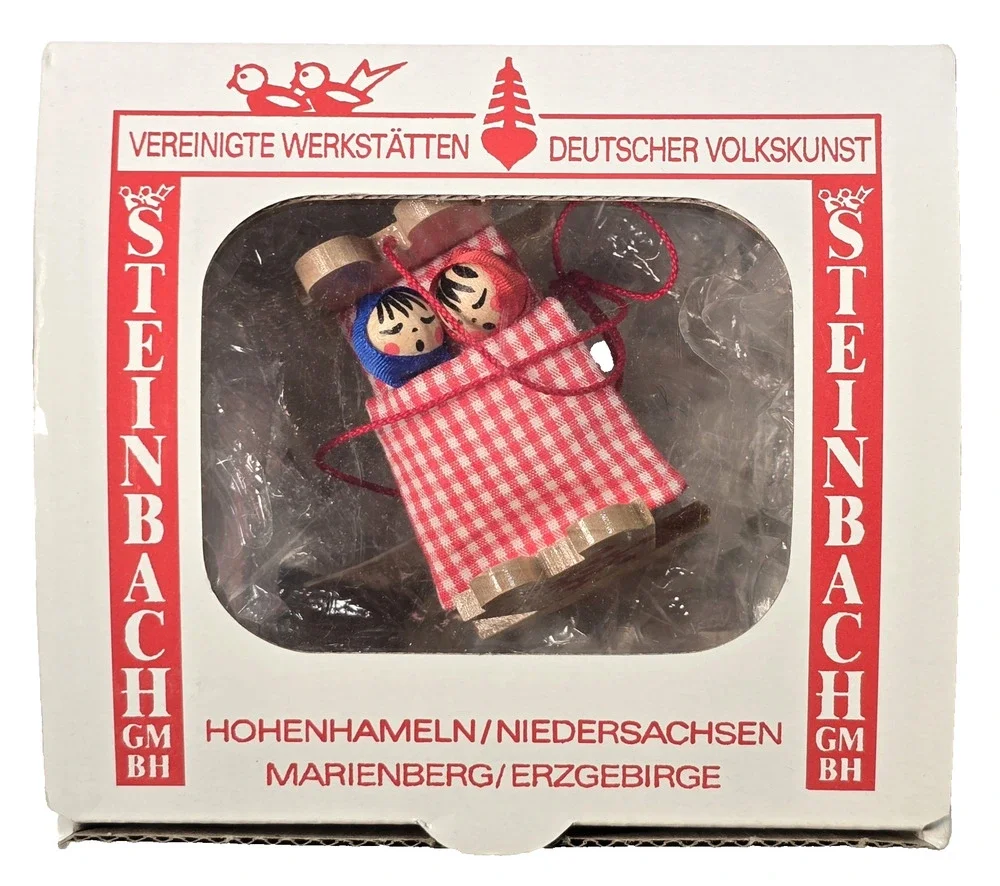 VTG Steinbach Hand Made Wooden Ornament -Sleeping Children In Cradle Rocking Bed